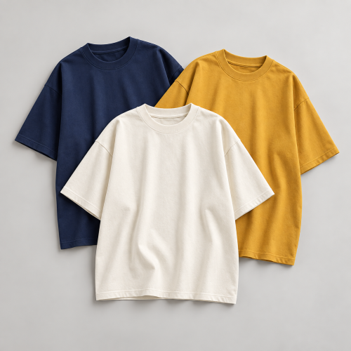 LYRTHAM 240 GSM oversized drop-shoulder T-shirt in navy, ochre and off-white
