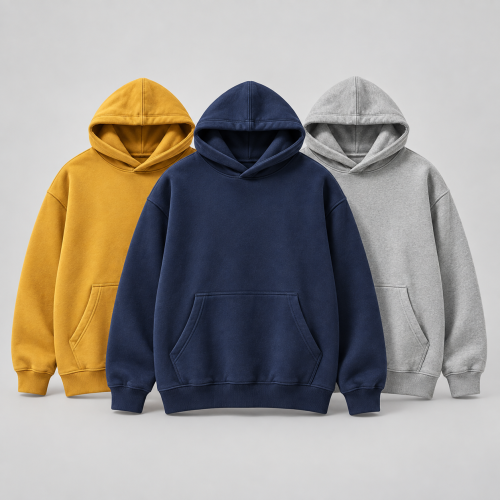 LYRTHAM 320 GSM drop-shoulder pullover hoodies in navy, ochre and stone gray
