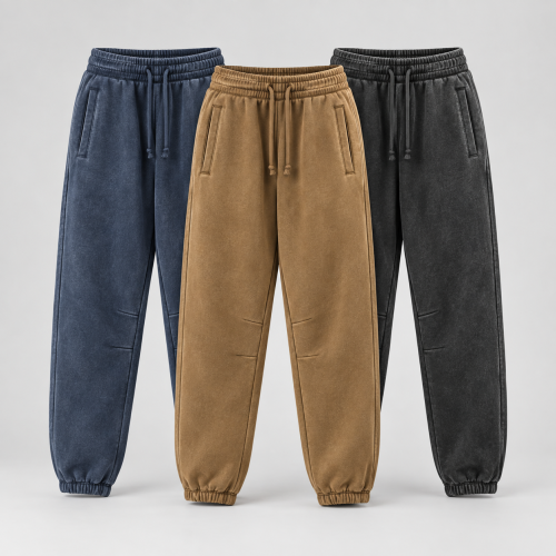 LYRTHAM 360 GSM acid-wash fleece jogger sweatpants in navy, ochre and charcoal