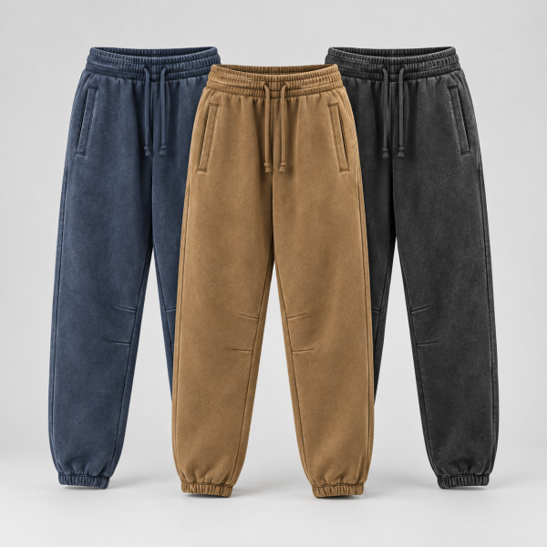 LYRTHAM 360 GSM acid-wash fleece jogger sweatpants in navy, ochre and charcoal